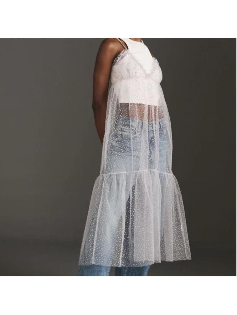 NEW Anthropologie Sheer Dot Tulle Slip Dress Tiered V-neck White - Size M $88
